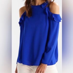Women’s Lane Bryant Sz 14 Blue Long Sleeve Cold Shoulder Ruffle Blouse